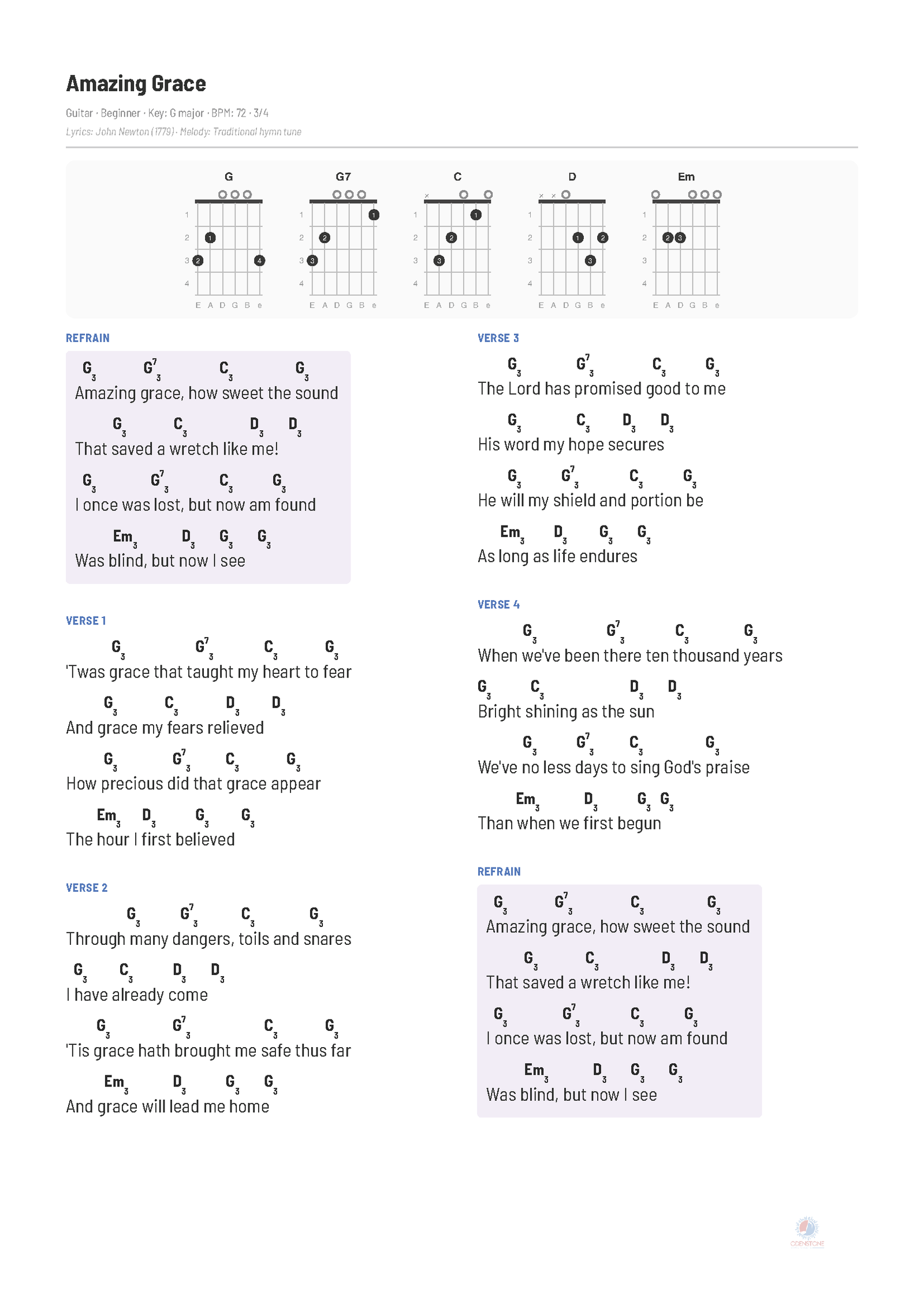 Odenstone Amazing Grace guitar sheet — full song on one A4 with beat markers and colour-coded sections