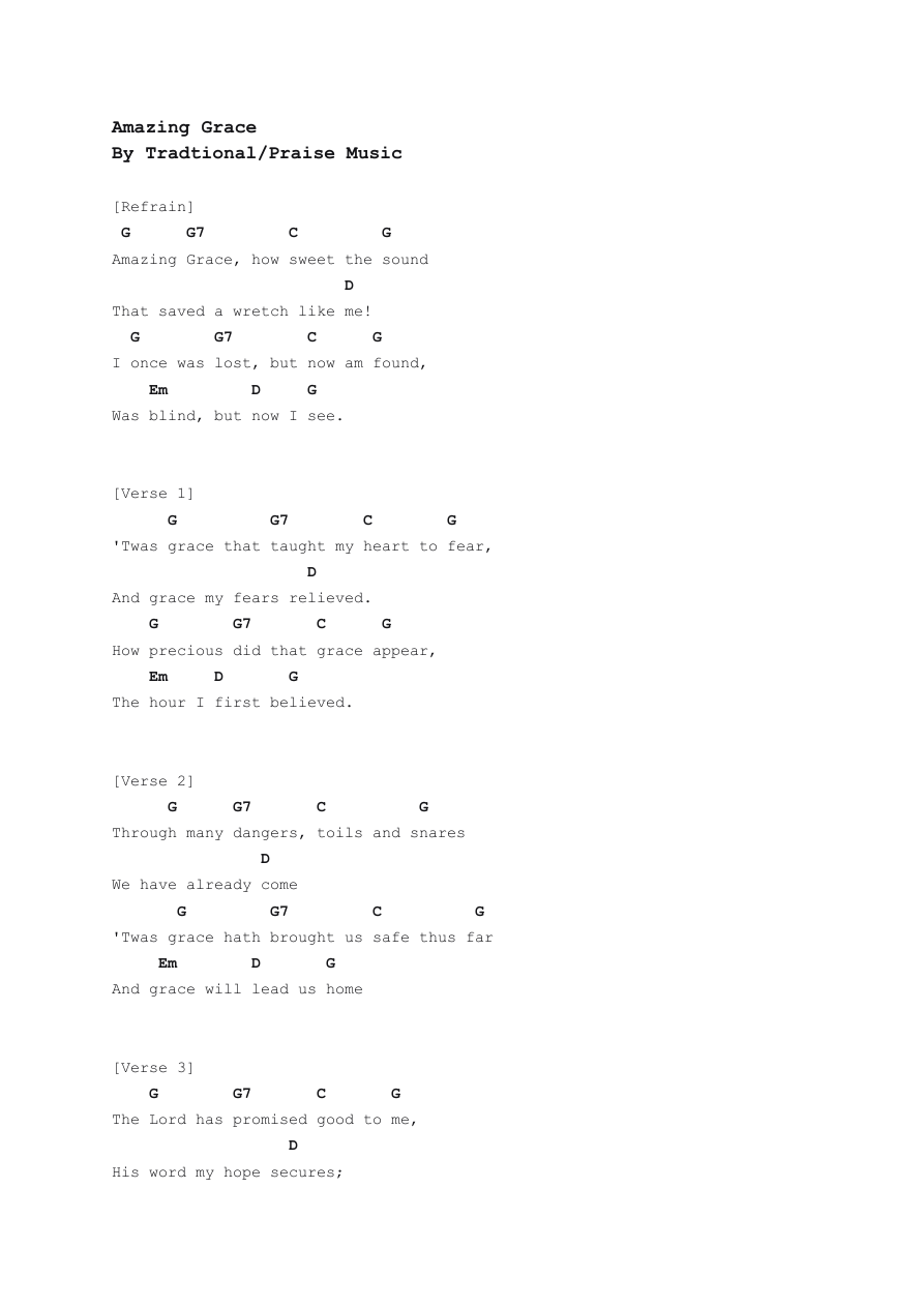 Traditional Amazing Grace chord sheet — chords floating above lines with no beat information